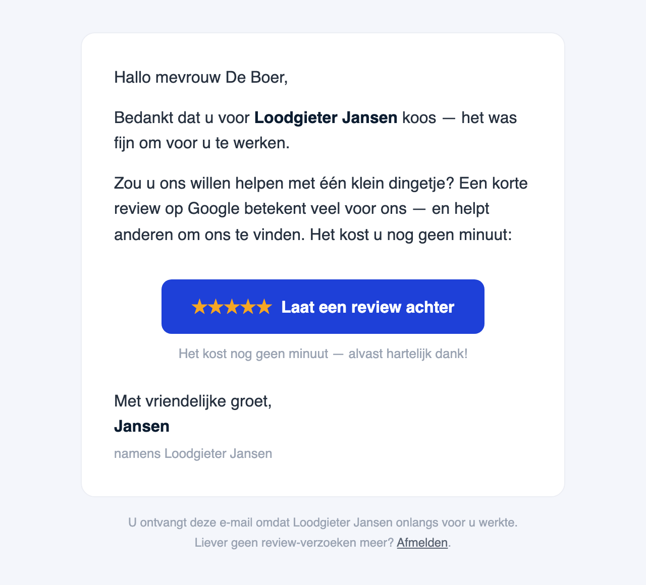 Voorbeeld van de review-uitnodiging die Sterrly namens de vakman naar diens klant stuurt